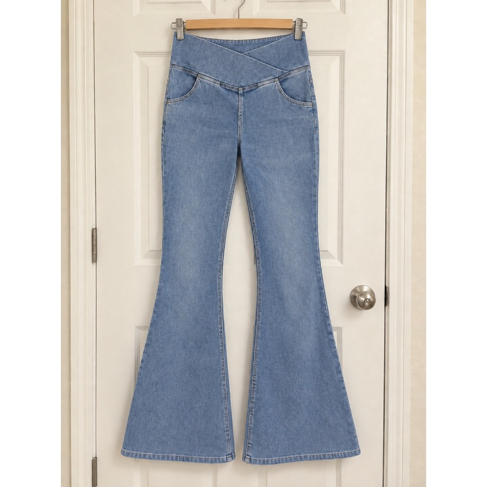 Halara Flex High Waisted Crossover Pocket Flare Jeans Blue Large Regular NWT